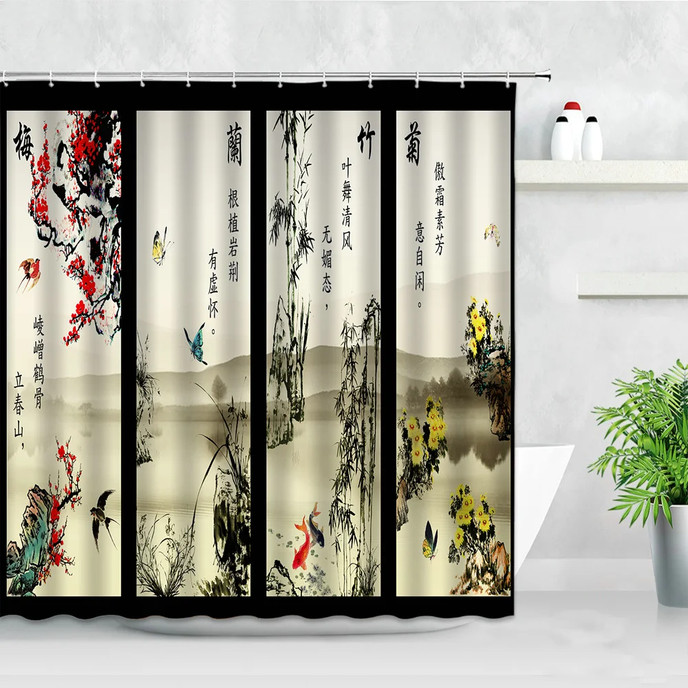 

Набор водонепроницаемых занавесок для душа, домашний декор, Бамбуковая штора с 3D цветами сливы, орхидеи, китайские тканевые занавески для ванной комнаты с чернильным рисунком