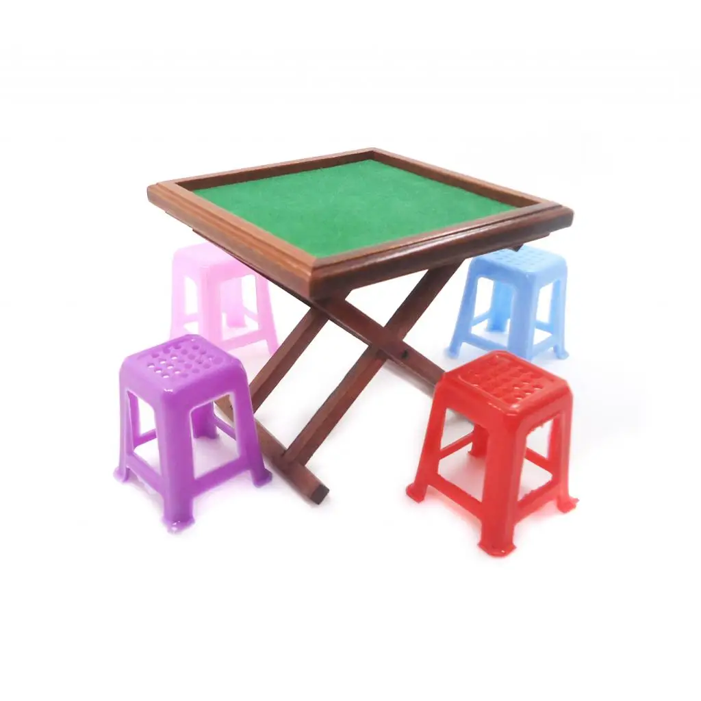 

1/12 Dollhouse Furniture MahJong 144 Tiles Table Stools Set Accessory