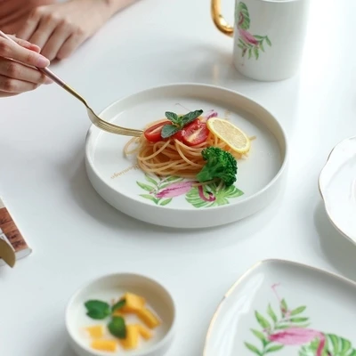 Керамическая тарелка с фламинго домашняя для еды обеденная тарелка|Блюдца и