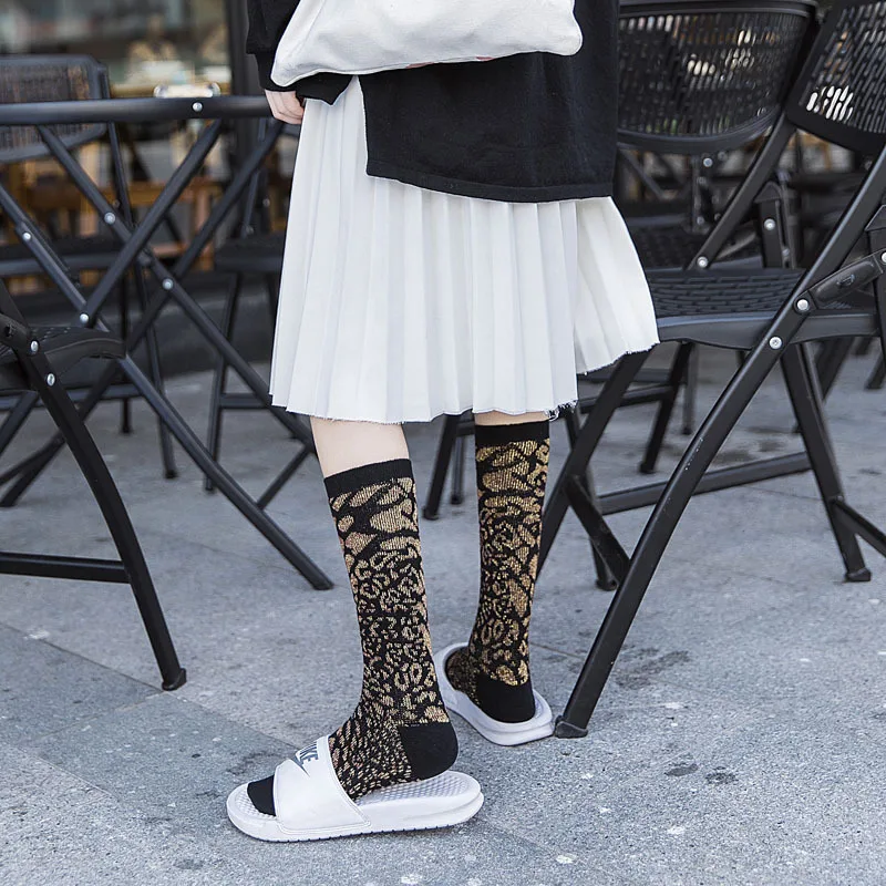 Woman Solid Leopard Cotton Socks Lurex Mixed Socks Print Knee High Socks Girls Warm Leopard Winter Socks Ankle Socks 4 Pairs/lot