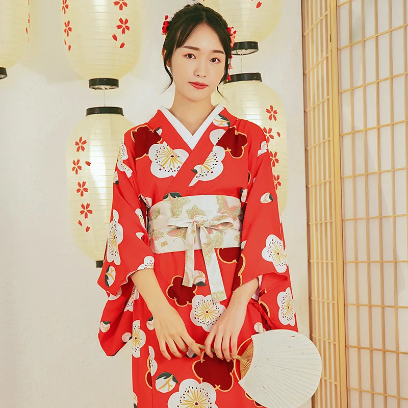 

Japan Style Long Kimono Set Yukata dress with Belt Cherry Red Color Soft Comfortable Cotton Japan Traditional Yukata