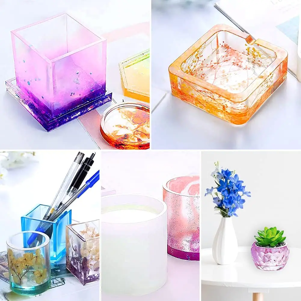 

28PCS Resin Moulds Silicone, Epoxy Casting Moulds Ashtray Pen Holder Flower Pot Coaster Stirring Stick Droppers Measuring Cup