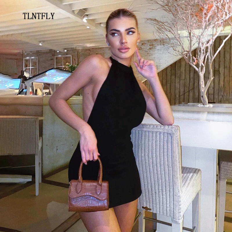 

Ladies Dress Sexy Backless Mini Skirt Knitted Cotton Halter Strapless Tight Bag Hip Szorty Boho Nightclub 2021 Summer Clothes
