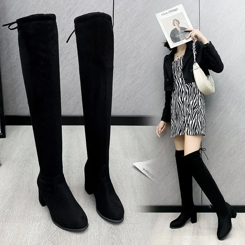 

2021 Autumn Winter Sexy Elastic Flock Slim Fit Over The Knee Boots Women Med Heel Thigh Ladies High Heel Thigh High Botas Shoes