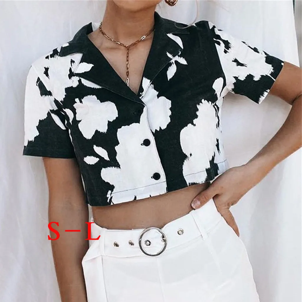 Модный укороченный топ женская рубашка с коротким рукавом и принтом короткий