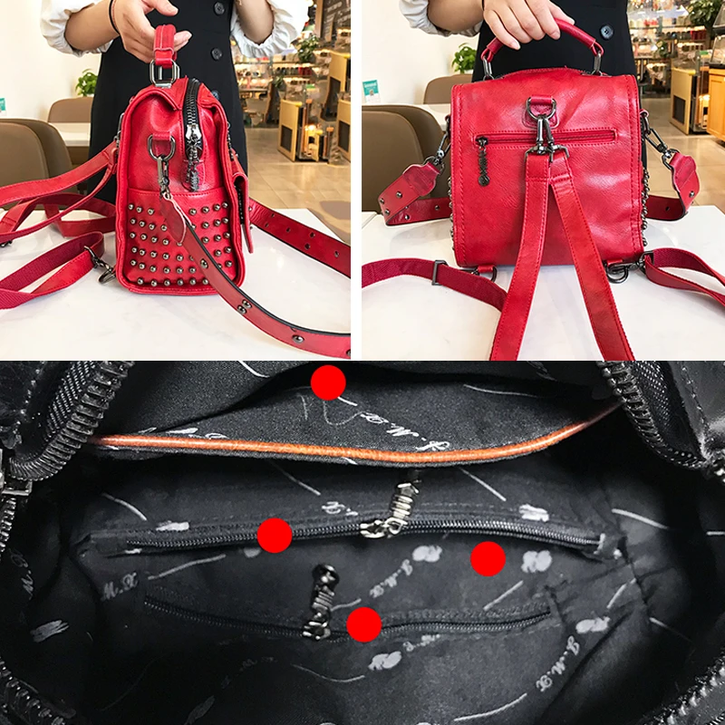 

Split Leather Backpack Women Rivet Shoulder Travel School Bag