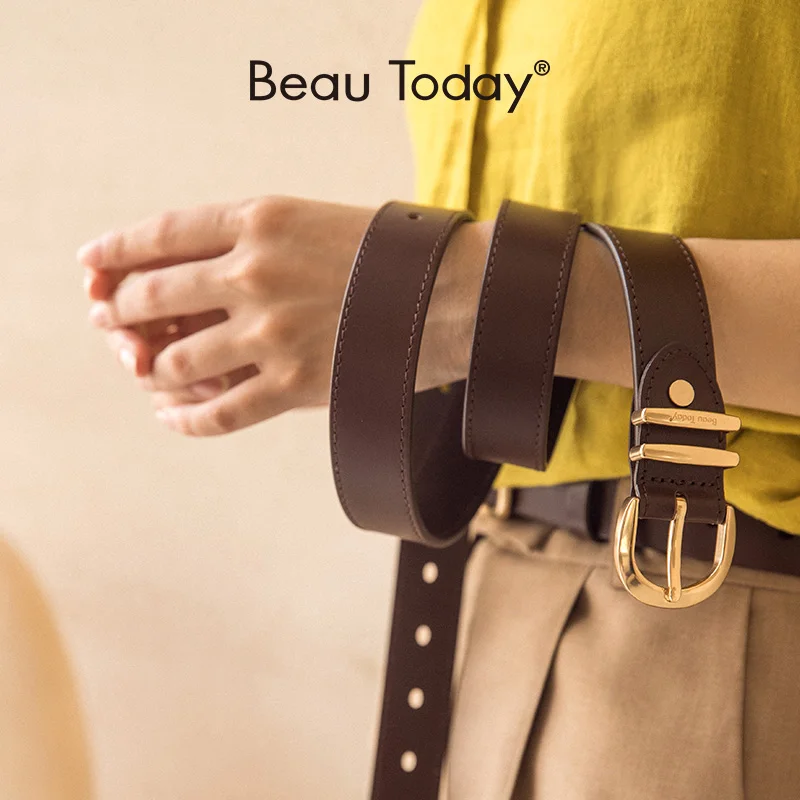 

BeauToday Belt Women Cow Leather Horseshoe Buckle Sewing Retro Designer Ladies Jeans Dress Waistband Handmade 91005