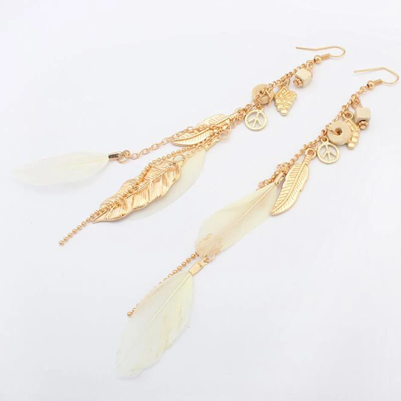 Серьги в богемном стиле черные зеленые листья кисточки перо длинные серьги с