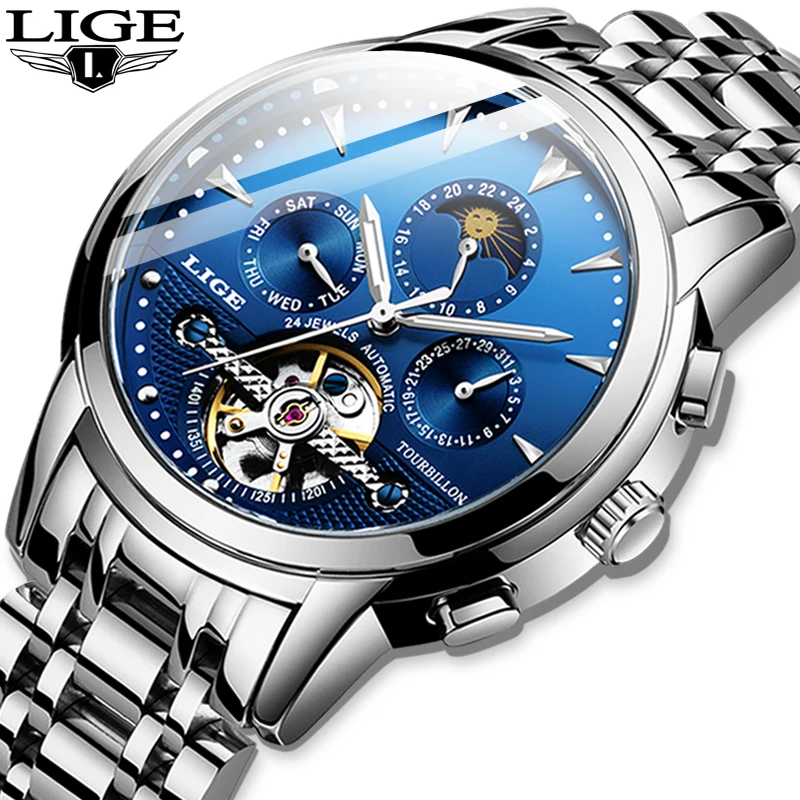 

LIGE Three Dial Calendar Stainless Steel Men Mechanical Automatic Wrist Watches Top Brand Luxury Military Sport Male Date Clock