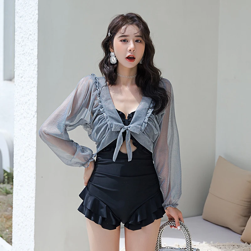 

Женские Купальники больших размеров с рукавами, корейский черный купальник, элегантный женский цельный купальник, новинка 2021, большие разм...