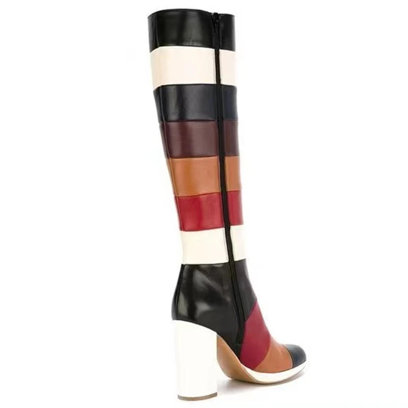 Mixed Print New Model Heels Shoes Boots Gradient Color Fashion Women's Knee High Boots Round Toe Zip Big Size 46