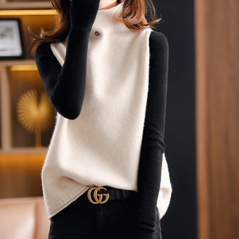ATTYYWS 21 Cashmere vest women new high neck 100% wool vest autumn and winter knitted loose sleeveless women's pullover sweater