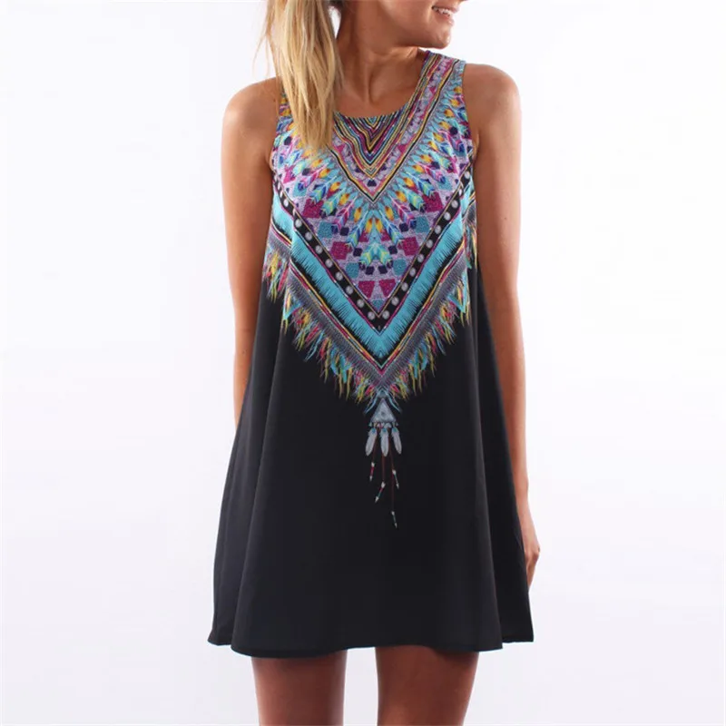 

Femme Summer Women's Casual Beach Bohemian Retro Dress Sexy Elegant Sleeveless Printed Chiffon Shirt Dress Vestidos Cortos