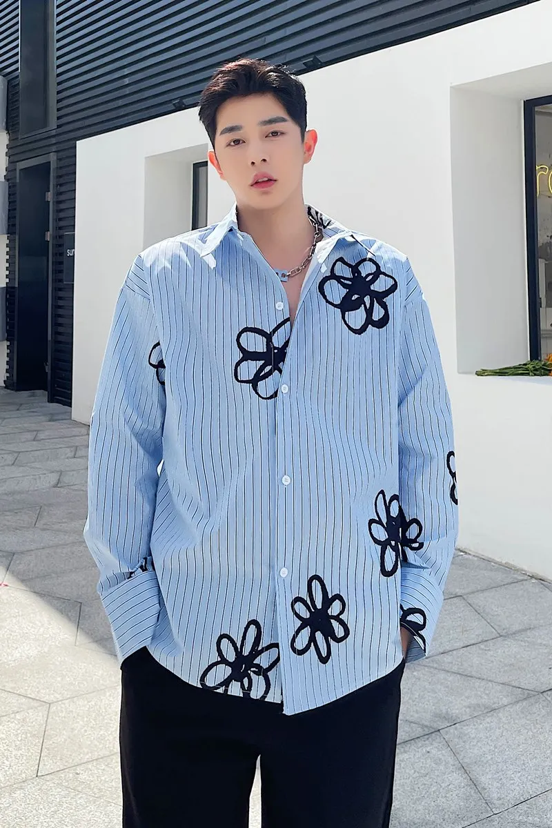 

New Men's Korean Style Loose Casual Graffiti Print Stripe Long Sleeve Shirts Harajuku Streetwear Fashion Niche Shirt for Male