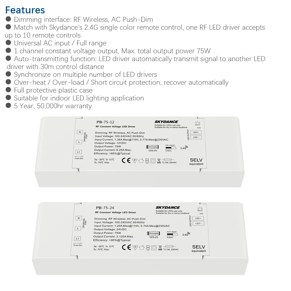 Dimmable LED Driver 12V 24V 75W RF 2.4G Wireless Remote Control AC 110V 220V to DC Constant Voltage Dimming | Лампы и освещение