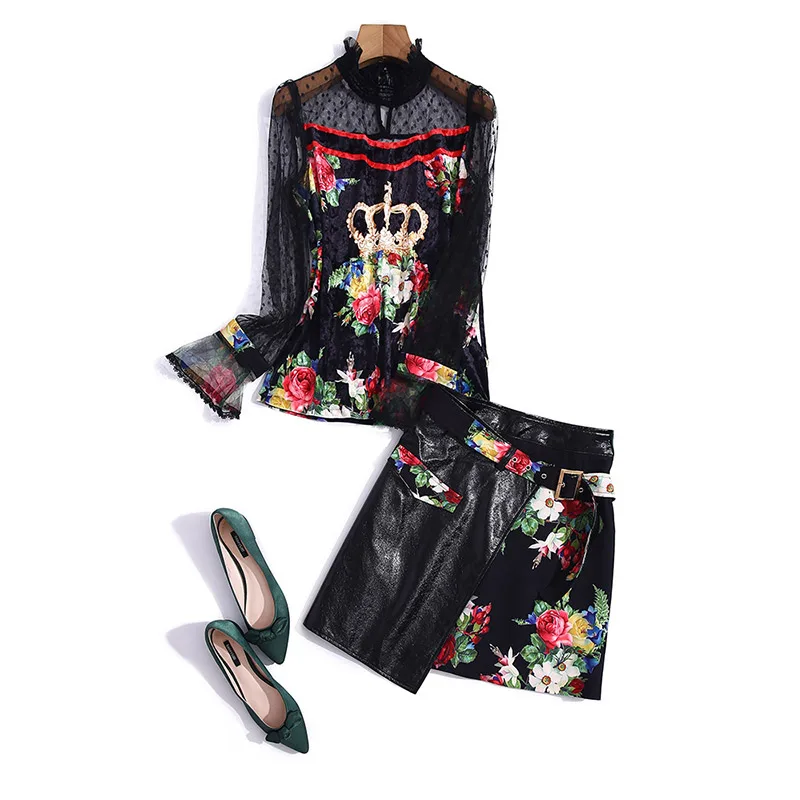

The spring of 2021 the new ladies velour spell net yarn irregular printed shirt + spell PU leather skirt two suits