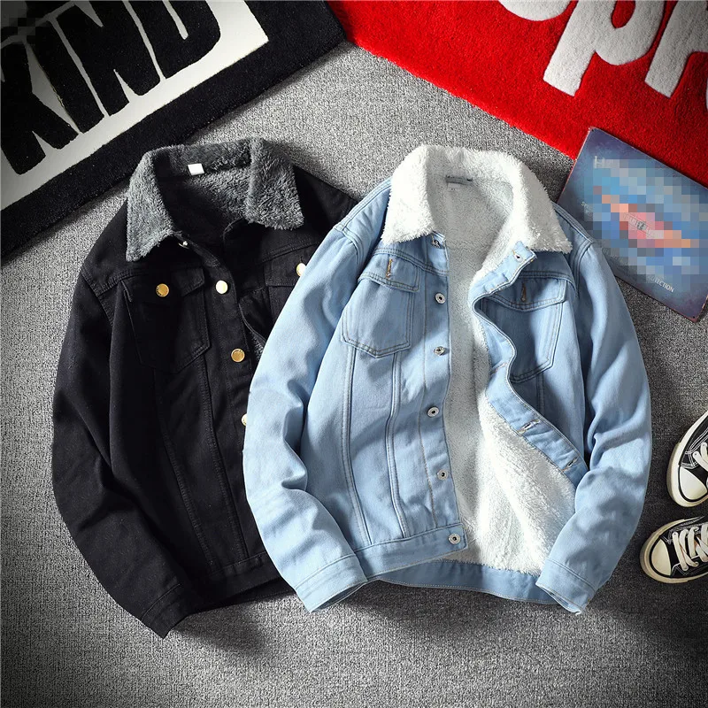 Зимние мужские джинсовые куртки модные флисовые толстые теплые джинсы куртка