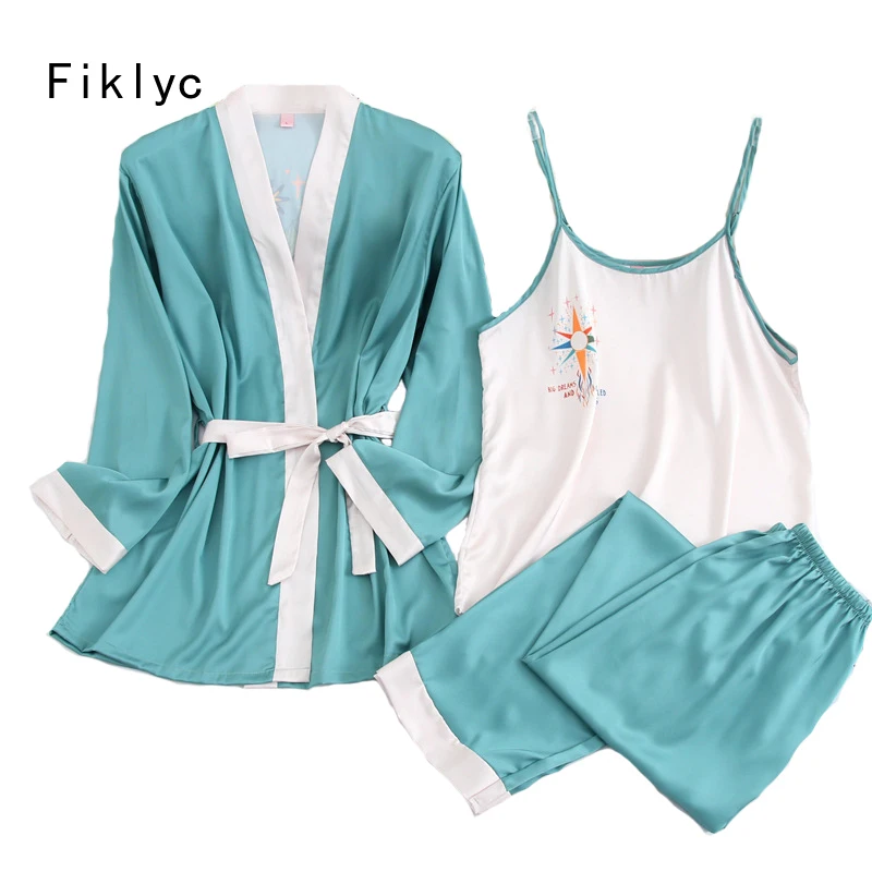 

Fiklyc New Arrival 2021 Three Pieces Women's Ice Silk Summer Spring Pajamas Sets Floral Printing Sexy Sleepwear For Female Hot