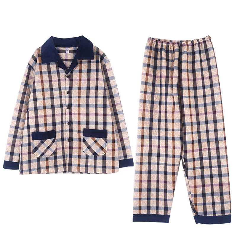 

Men Winter Plaid Pajamas Thin 3Layers Quilted Sleepwear Men Long Sleeve Home Clothes Plus Size M-4XL Pijama Hombre Pyjamas Male