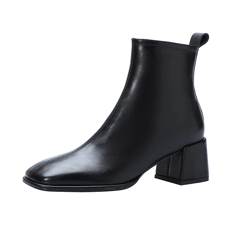 

short heel boots British Simple low rise boots temperament medium fashion style square head thick heel women's leather