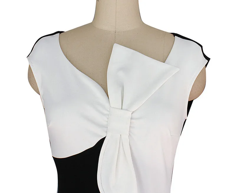 Черно-белое лоскутное облегающее платье с бантиком элегантная женская офисная