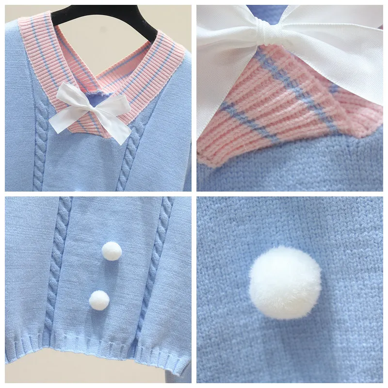 korean style white knitted sweater women sweet v neck with bow vintage pullover femme long sleeve knitwear crop top pink jumper free global shipping