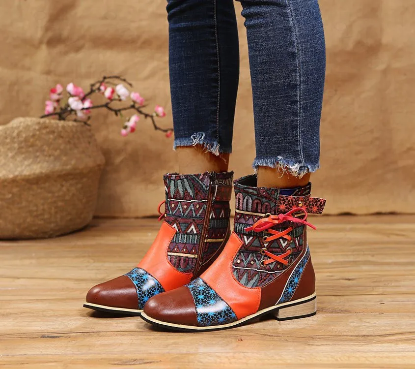 

Vintage Leather Printed Ankle Boots For Women Shoes Retro Block High Heels Winter Antumn Women Boots 2020 Fashion Booties