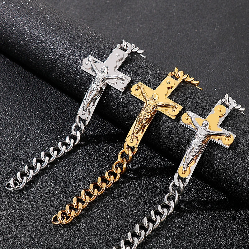 

Jesus Classic Bent Cross Bracelets for men Titanium Steel Religious Couple pendantsbracelet for women jewelry