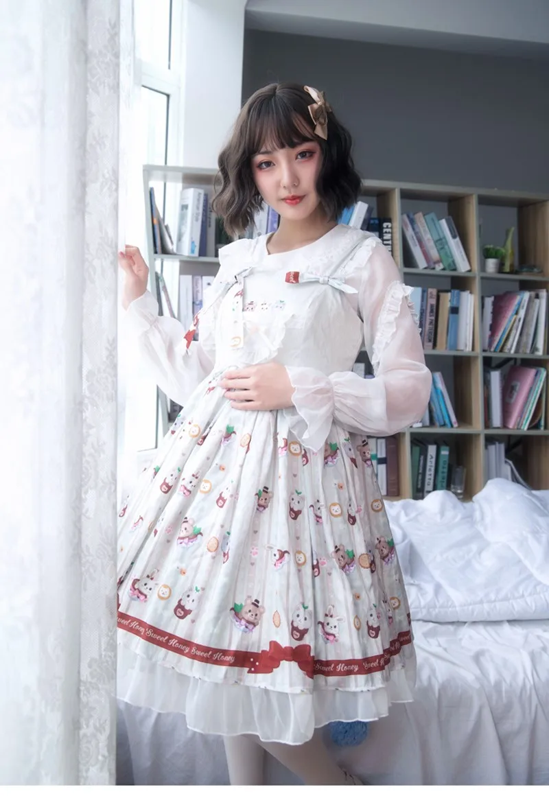 

Pastoral Style sweet lolita dress lace bowknot cute printing victorian dress+o-neck inside lolita top gothic lolita set loli cos