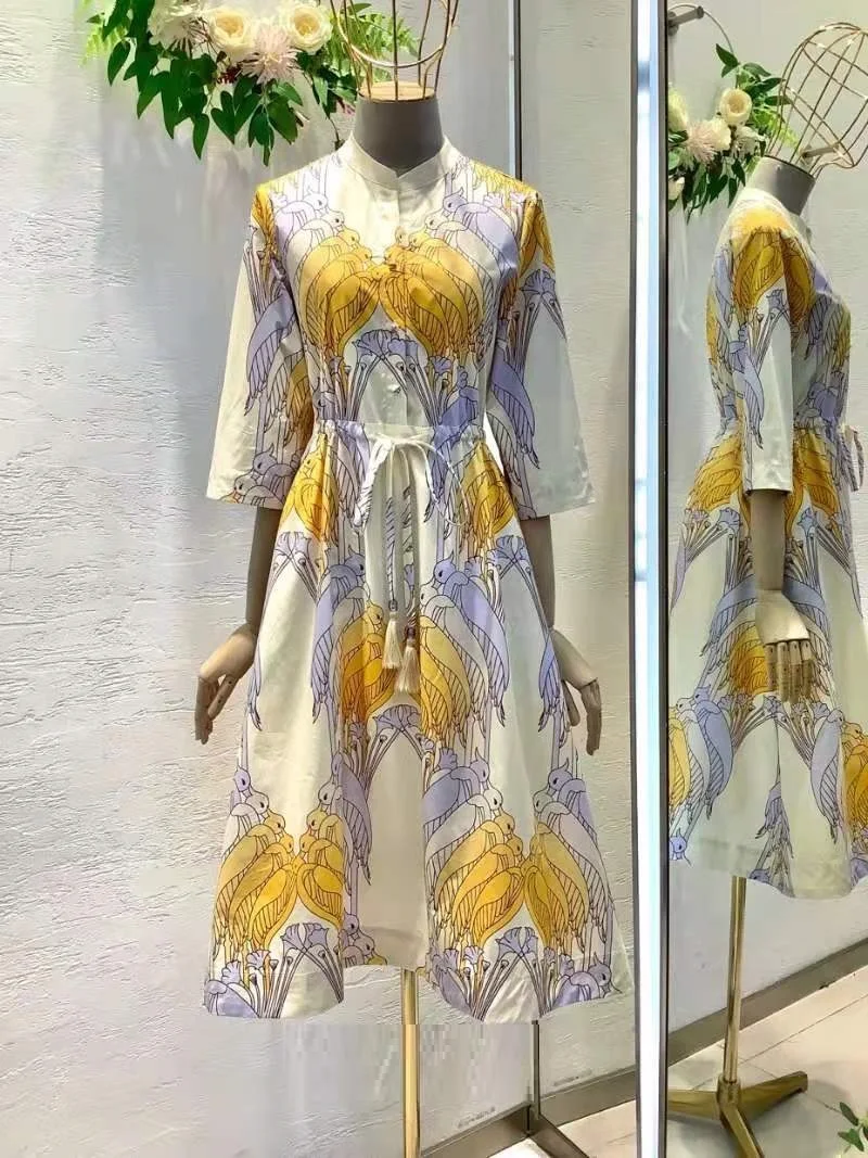 

Top Quality New 2022 Spring Summer Dress Women Cute Birds Prints Drawstring Waist 3/4 Sleeve Large Swing Casual Cotton Dress