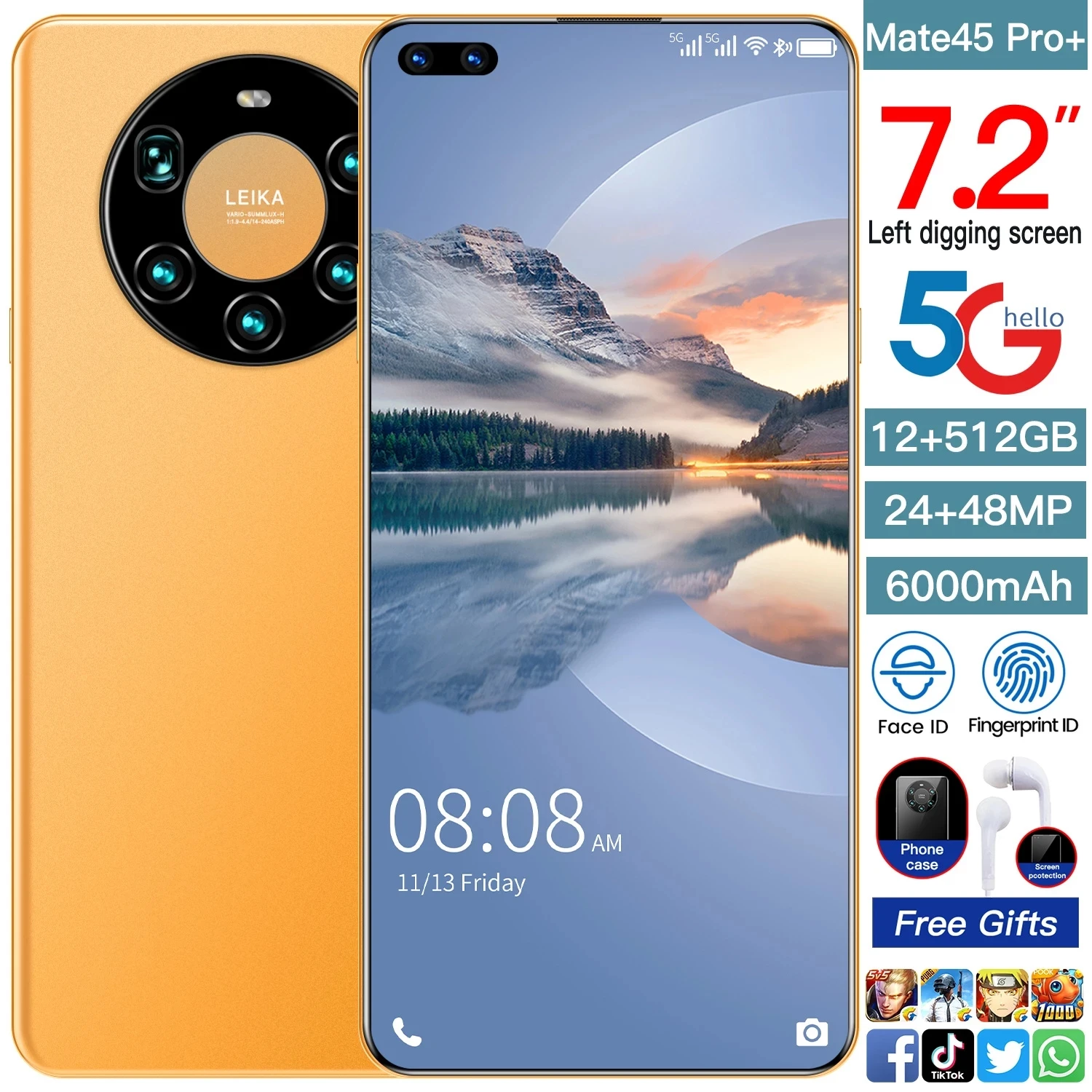 

Global Version Mate45 Pro+ 7.2 Inch Smartphone Full Screen Octa Core 5000mAh 8GB 256GB Face ID Dual SIM 5G Network Mobile Phone