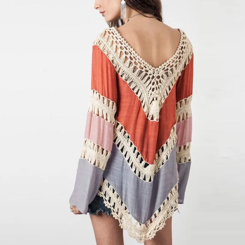 Women Hot Sale High Quality Cotton Long Sleeve V-neck Blouse Ladies Orange Blue Girls Blouses Blearance Hollow Out | Женская одежда