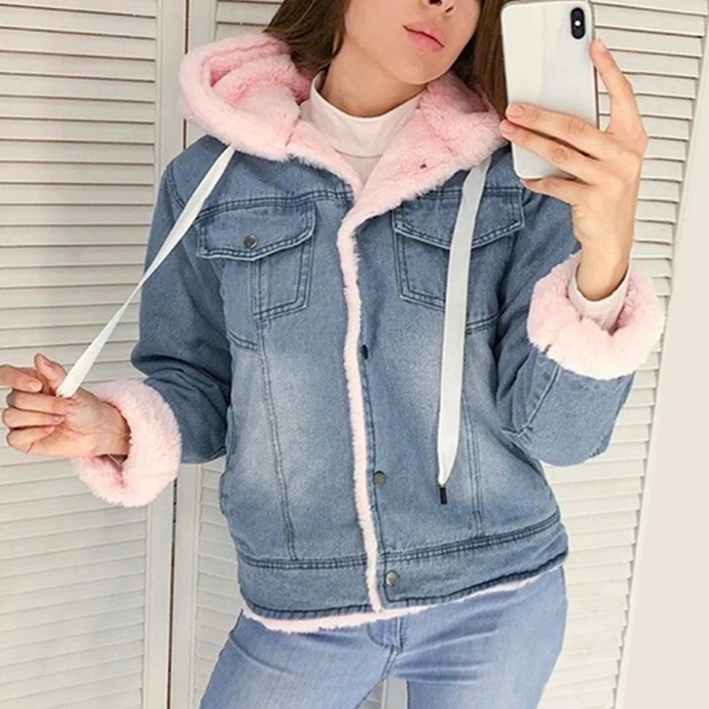 

Denim Coat Loose Fleece Lalambswool Hooded Jacket Cotton Overcoat for Women Light Blue Spring New Style Casual Women Thick Coat