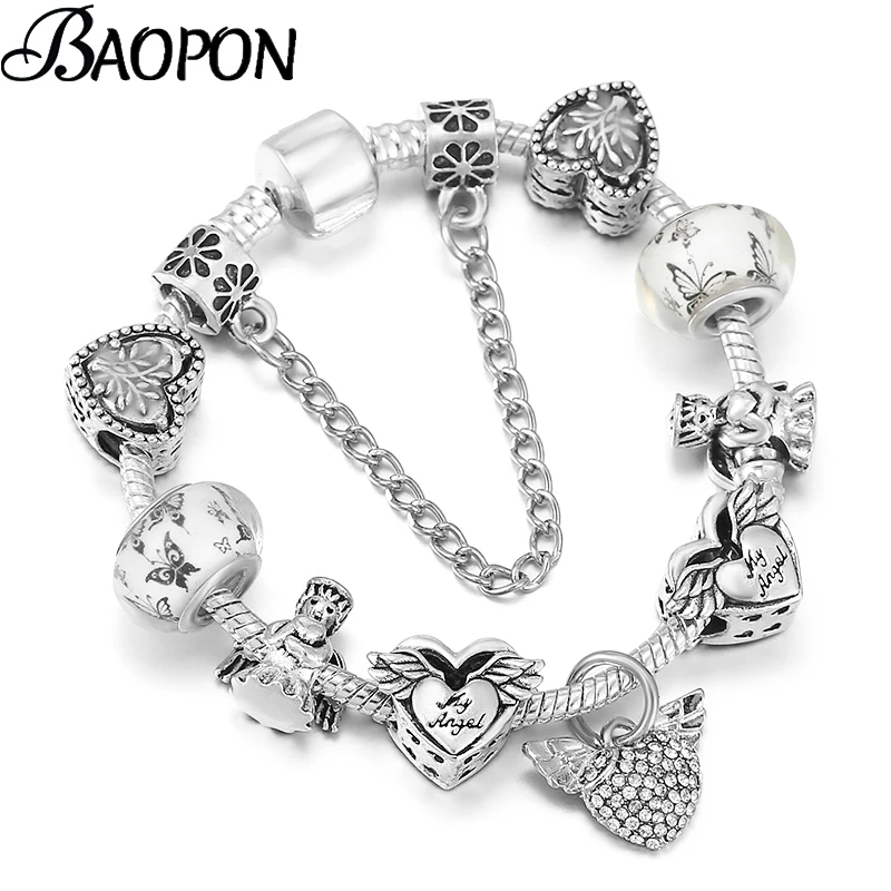 

Лидер продаж, модный серебряный браслет BAOPON с подвесками в форме сердца, ангела для женщин, подходит для оригинального бренда, DIY, ручная раб...