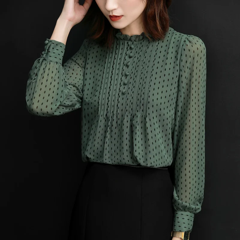 

Womens Tops and Blouses Chiffon Blouse Shirts Casual Long Sleeve O-Neck Polka Dot Printed Shirt Blusas