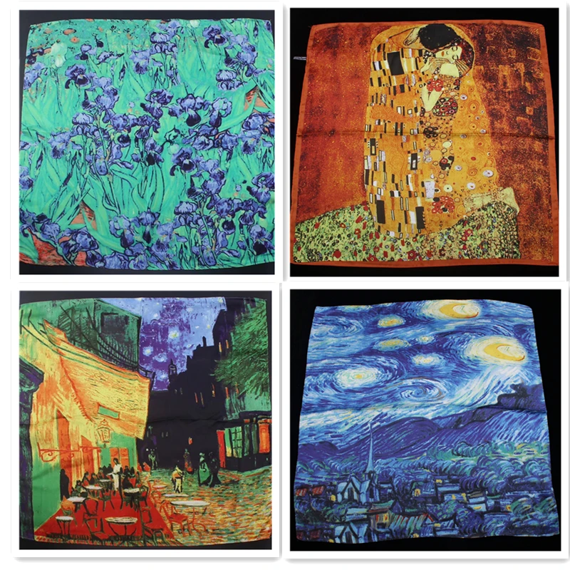 

Summer New Style Square Scarf 55cm * 55cm Ladies Mulberry Silk Van Gogh Oil Painting Professional Small Scarf Neck Scarf F1