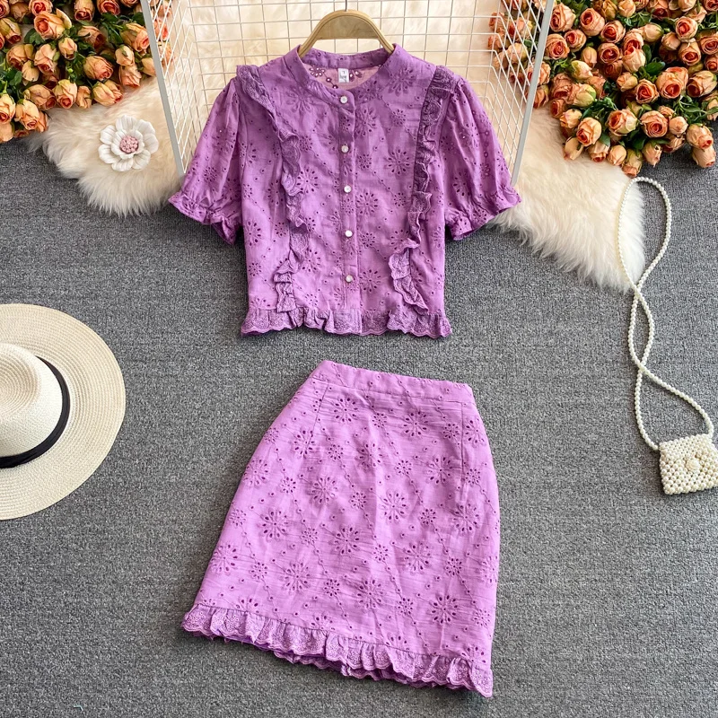 

Korean stand collar Ruffle cut-out foreign style bubble sleeve short shirt two-piece suit high waist wrap hip skirt summer