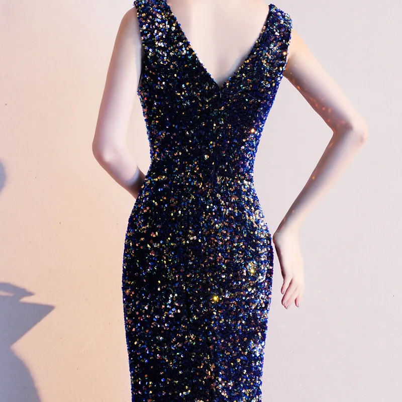 

New Bling Mermaid Chinese Sexy Sequins Oriental Party Female Stage Show Qipao Elegant Celebrity Evening Dress Banquet Dresses