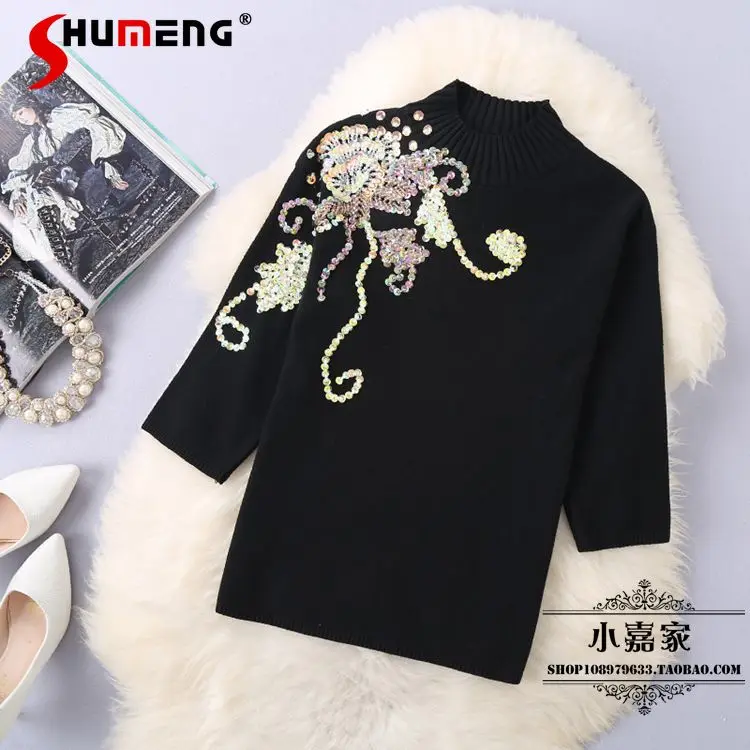 

Женский пуловер с блестками, черный свободный ТРИКОТАЖНЫЙ КОРОТКИЙ джемпер с рукавами 2021 и бисером, корейский стиль, зима 3/4