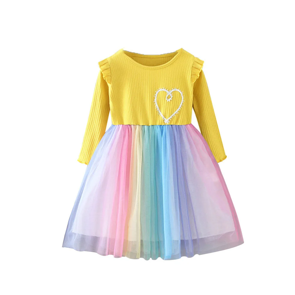 

Autumn New Fashion Girl Clothing Cute Rainbow Mesh Long Sleeve Love Princess Dress 2-6 Years Old Elegant Party Outfits