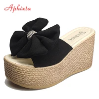 aphixta 2021 summer crystals appliques bow 9cm heels platform women wedge slippers female sandals clog shoes slides women
