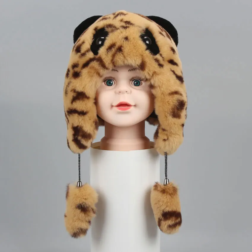 ICYMI Cute Winter Bear fur hat boys girls real rabbit children earmuffs warm Bomber hats caps | Аксессуары для одежды