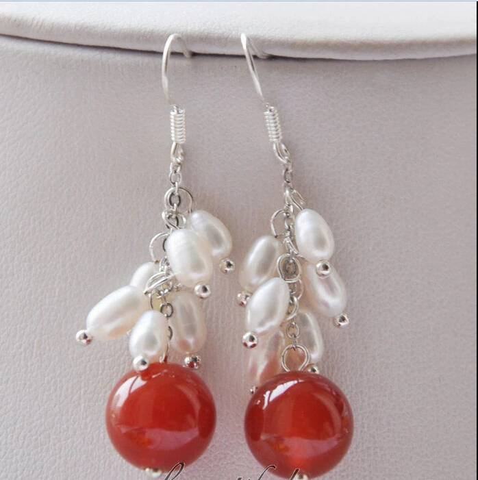 + 10 мм красный нефрит белый жемчуг виноград в форме серьги 925 серебряный крючок 18 к