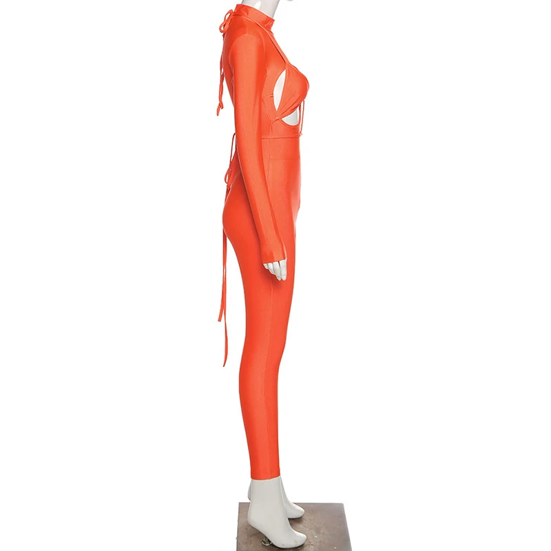 Women Sexy Solid Bright Hollow Out Sporty Jumpsuit Come With Bra Turtleneck Long Sleeve Skinny Romper Workout Overall One Piece