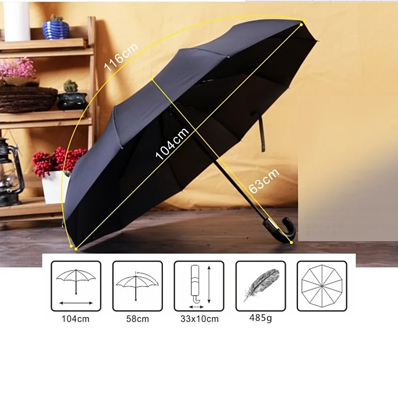 

Wood Leather Handle Automatic Business Men Umbrella Rain Women Male 10 Ribs Large Big Folding Windproof Golf Umbrella Paraguas