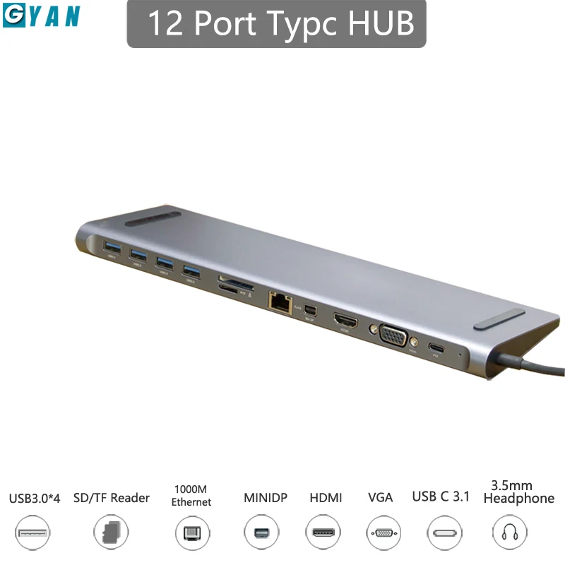 12 в 1 Тип c док-станция алюминиевый к HDMI кард-ридер RJ45 PD для зарядного устройства Аудио MacBook samsung Galaxy usb c концентратор