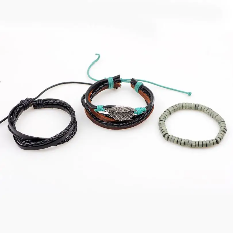 3 шт./компл. черные кожаные булочки Мужская мода панк-Веревка Плетеный лист