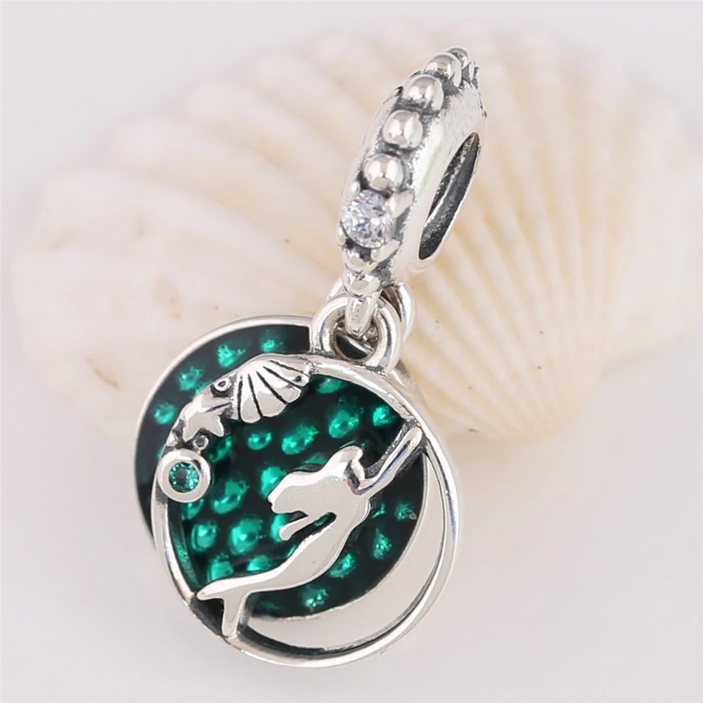 

New HOT 925 Sterling Silver Mermaid Dangle Charm Green Beads Fit Original Pandora Bracelet Pendant Necklace Jewelry Gift