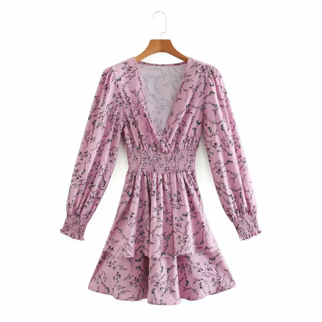 

2021 New Spring Summer Casual Printed Short Dresses Ladies Elegant V Neck Waist Cake Puffy Sleeve Dresses Women For Fashion