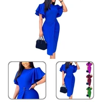 popular formal dress short sleeve lady pure color slim dress midi dress bodycon dress
